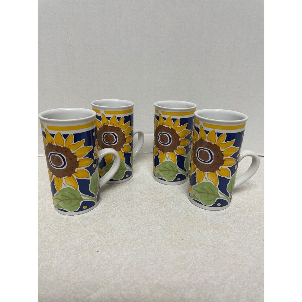 GANZ Vintage  4 Espresso Cappuccino Ceramic Cups Flower Design 5oz. Sunflower